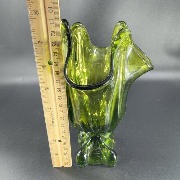 Viking Glass Avocado Green Epic Four Square Base Swung Glass Vase Bowl Dish VTG - Picture 3 of 13